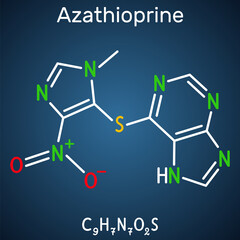 Azathioprine, AZA molecule. It is immunosuppressive agent, medication. Structural chemical formula on the dark blue background.