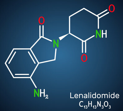 Lenalidomide molecule. It is immunomodulatory drug with antineoplastic, anti-angiogenic, anti-inflammatory properties. Structural chemical formula on the dark blue background.