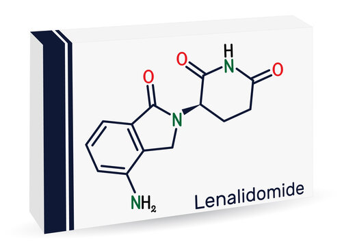 Lenalidomide molecule. It is immunomodulatory drug with antineoplastic, anti-angiogenic, anti-inflammatory properties. Skeletal chemical formula. Paper packaging for drugs.