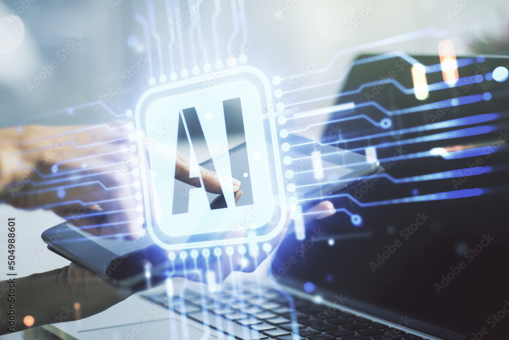 Poster double exposure of creative artificial intelligence icon with finger clicks on a digital tablet on b