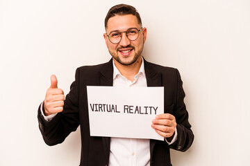Hispanic business man holding a virtual reality placard isolated on white background