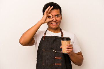 Restaurant hispanic waiter holding a take away coffee isolated on white background excited keeping ok gesture on eye.