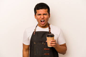 Restaurant hispanic waiter holding a take away coffee isolated on white background screaming very...