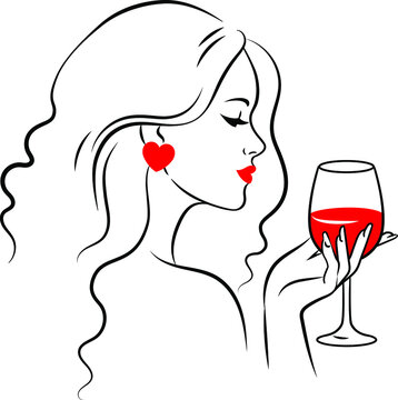 Beautiful woman with glass of wine and red lips. Outline isolated