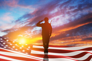 USA army soldier saluting with nation flag on a background of sunset or sunrise. Greeting card for Veterans Day, Memorial Day, Independence Day. America celebration. 3D-rendering.