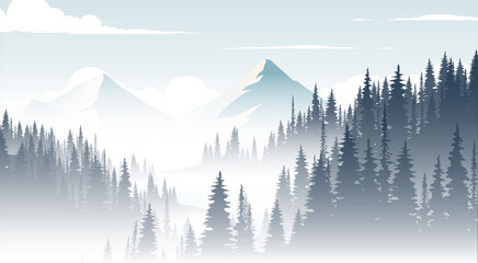 Landscape of mountains and pine forests. Vector silhouette of mountains in the morning. 