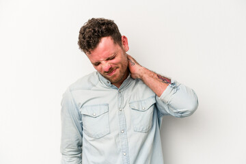 Young caucasian man isolated on white background having a neck pain due to stress, massaging and touching it with hand.