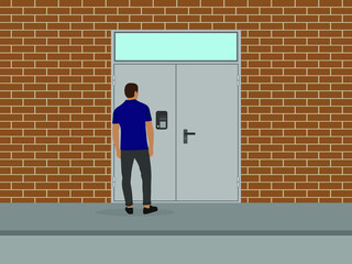 A male character stands in front of a metal door with an intercom