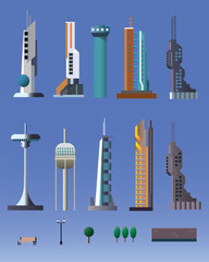 Fototapeta na wymiar set of futuristic sci fi city buildings, flat architecture illustration, space colony elements.