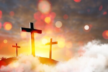 Christian Crosses on mount At Sunset With Abstract Bokeh Lights. Easter concept.