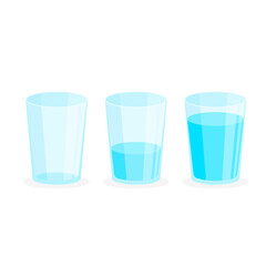 Three vector glass of water. Full, half and empty. Drink more water concept.