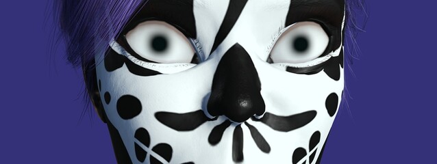 A beautiful view of 3d illustration with mexican skull painting on a 3d model. Gradient background. © joseduardo