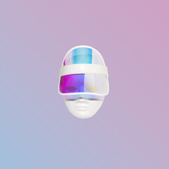Minimal retro futuristic artwork made of face and iridescent tennis hat on gradient background. Synthwave concept.