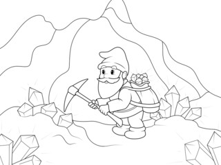 A little gnome, a miner, extracts diamonds in a mine. Raster, page for printable children coloring book.