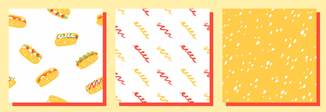 Fast food set. Seamless collection. Vector illustration. Street food. Jank food. Hot dog pattern. 