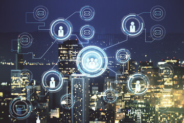 Double exposure of abstract virtual social network icons on San Francisco city skyscrapers...