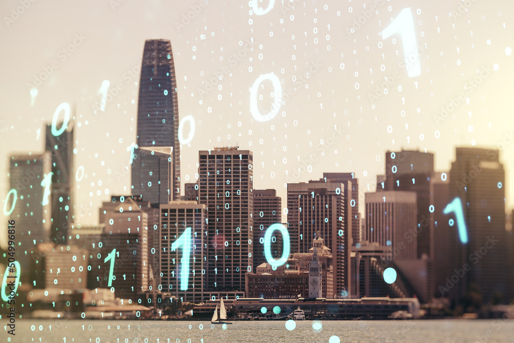 Leinwandbilder Abstract virtual binary code sketch on San Francisco office buildings background, hacking and matrix concept. Multiexposure