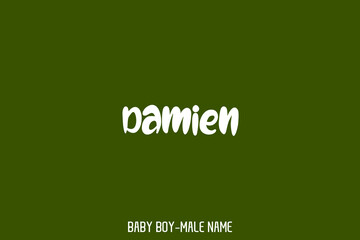 Baby Boy Name " Damien " in Modern Funny Bold Typographic Text on Green Background