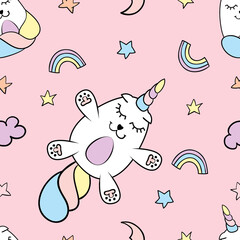 Obraz na płótnie Canvas Seamless pattern vector with unicorns fanny cute cartoon style. Magic fairytale concept. Ideal for kids fabric, printing, decoration.