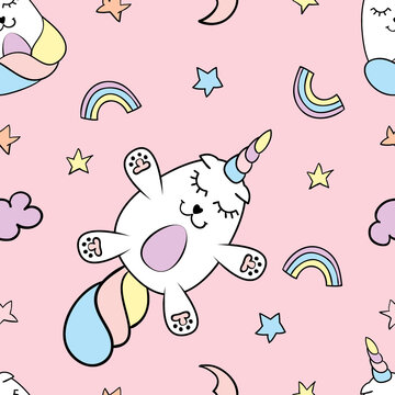 Seamless pattern vector with unicorns fanny cute cartoon style. Magic fairytale concept. Ideal for kids fabric, printing, decoration.