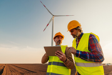 Electricity maintenance engineers working on the field at a wind turbine
