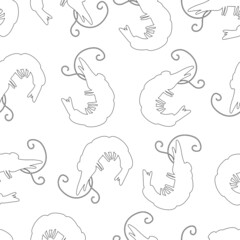 Seamless pattern with shrimp. Black outline. Vector illustration white background.