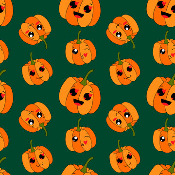 Seamless Pattern  Vector With Emojies Pumpkins Fanny Cute Faces. Halloween Fall Time. Ideal For Kids Fabric, Printing, Decoration.