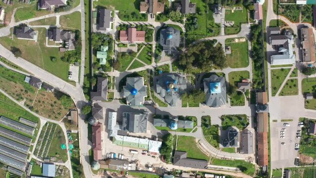 Aerial view on the Cathedral of the Nativity in Pafnutie monastery in Borovsk. Orthodox monastery on a summer day.