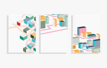 abstract isometric simple city street scene vector cover set