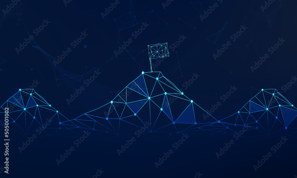 Poster wireframe tech design with goal and motivation mountain design on blue backdrop