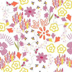 Seamless pattern with flowers and bees. 