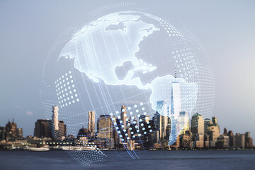 Virtual digital map of North America on New York city skyline background, international trading concept. Multiexposure