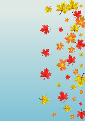 Fototapeta na wymiar Red Foliage Background Blue Vector. Leaves Isolated Texture. Autumnal Flying Leaf. Tree Floral Template.