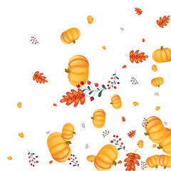 Green Plant Background White Vector. Rowan Collection. Gold Drawing Set. September Frame. Colorful Pumpkin Autumn Texture.