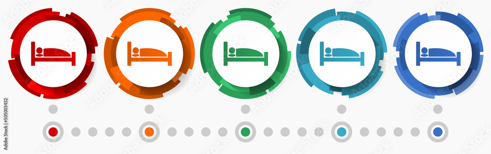 Poster Sleep, bed, hotel concept vector icon set, modern design abstract web buttons in 5 color options, infographic template