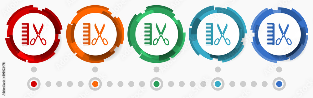 Poster barber, hairdresser concept vector icon set, modern design abstract web buttons in 5 color options, 