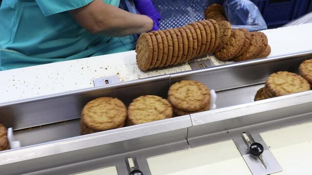 conveyor belt at a confectionery factory with sweet cookies in motion