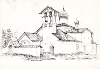 Vintage landscape sketch, the ancient church in traditional architectural Russian style, drawn by pencil
