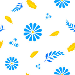 Fototapeta na wymiar Seamless pattern with blue and yellow flowers. Style of Petrykivka - traditional Ukrainian decorative painting. Ornamental folk art. Perfect for wrapping paper, textile, interior or web design.