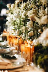 Fototapeta na wymiar tableware Glasses, flower fork, knife served for dinner in restaurant with cozy interior