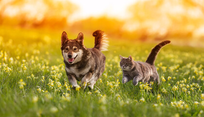 Fototapeta couple of friends a cat and a dog run merrily through a summer flowering meadow obraz