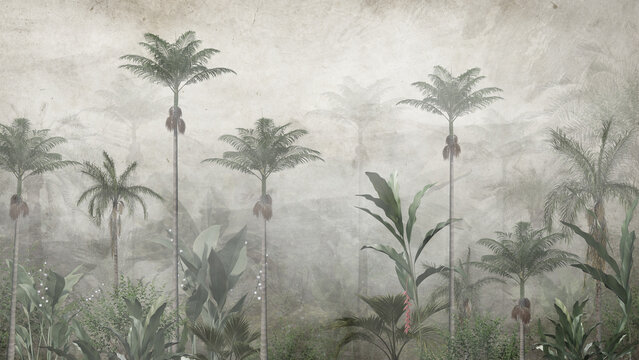tropical trees and leaves wallpaper design in foggy forest - 3D illustration © Bilstock