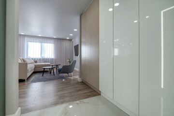 furniture in interior of expensive living room in studio apartments or flat with sofa tv table and chairs