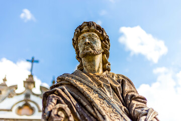 Statue of the prophet sculpted by Aleijadinho in front of the church of the sanctuary of Bom Jesus of Matosinhos at Congonhas, Minas Gerais, Brazil