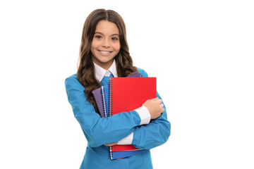 Naklejka premium happy child long curly hair hold school workbook isolated on white, homework