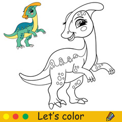 Cartoon standing Parasaurolophus coloring book page vector