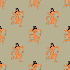 Seamless ethnic pattern with ancient Greek satyrs or Silenus. Vase painting style. On light background. - obrazy, fototapety, plakaty