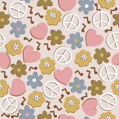 Seamless pattern with simple flowers, hearts and music notes. Trendy vintage style print. Vector hand drawn illustration. - 505012462