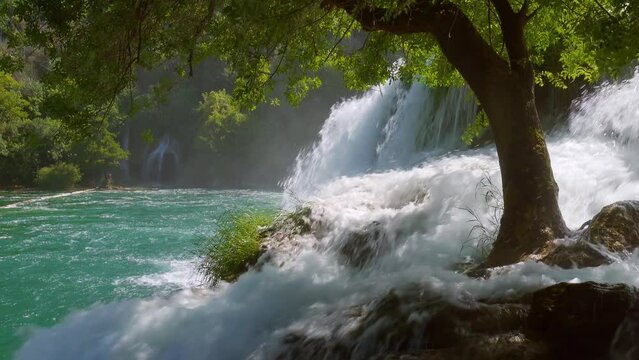 Skradinski buk the most splendid waterfall in Krka National Park. Filmed in 4K video.