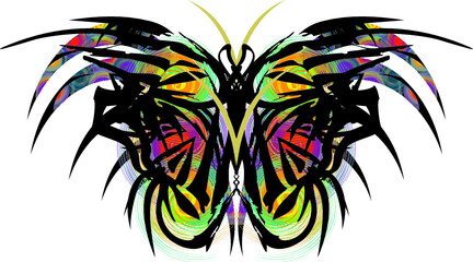 Dangerous colorful butterfly wings with floral and spiral elements on white. Scary monster butterfly for fashion trends, textiles, wallpaper, interior solutions, fabrics, prints, emblems on shields
